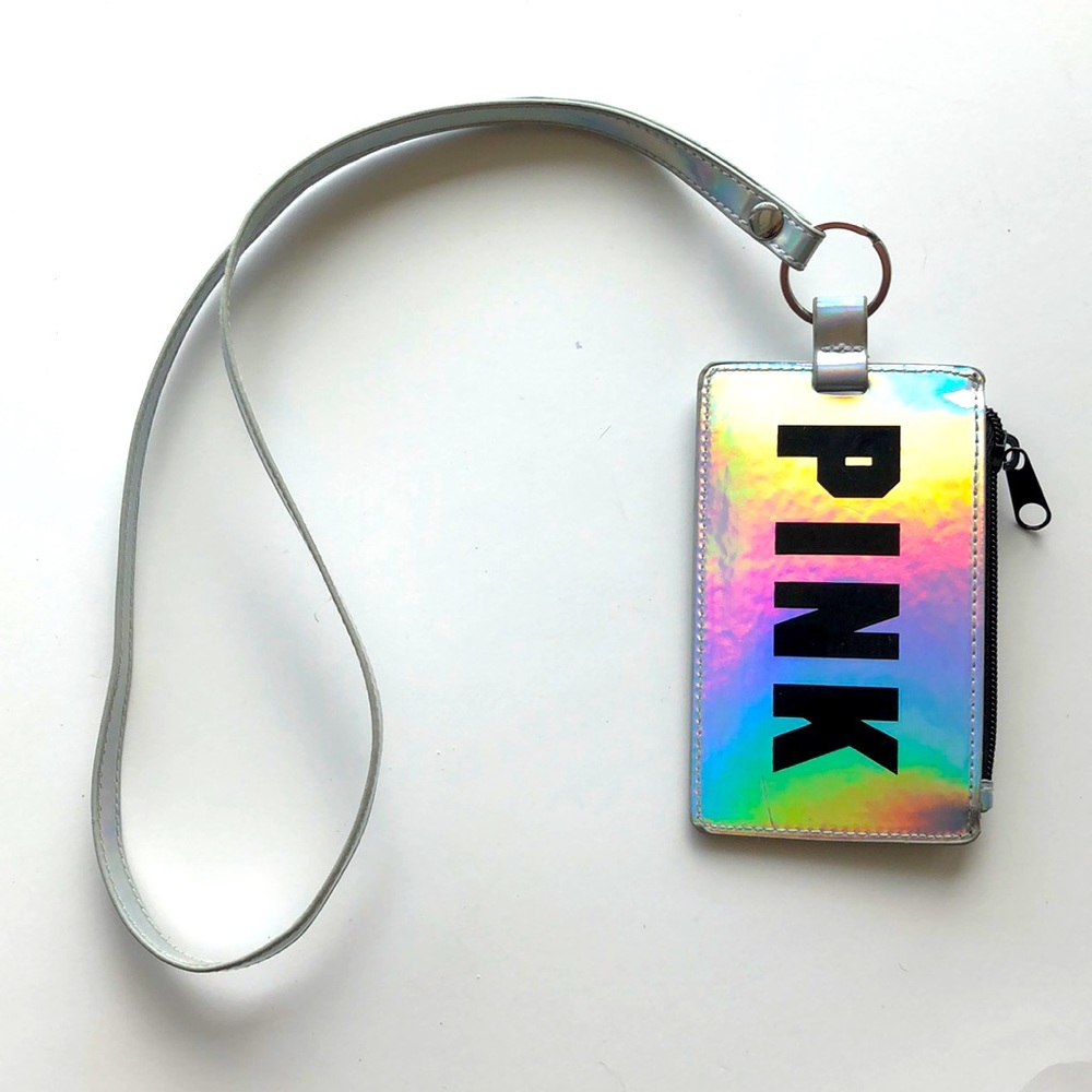 •Victoria’s Secret PINK• Holo Lanyard Key Chain ID Zipper Pouch Festival Gear
